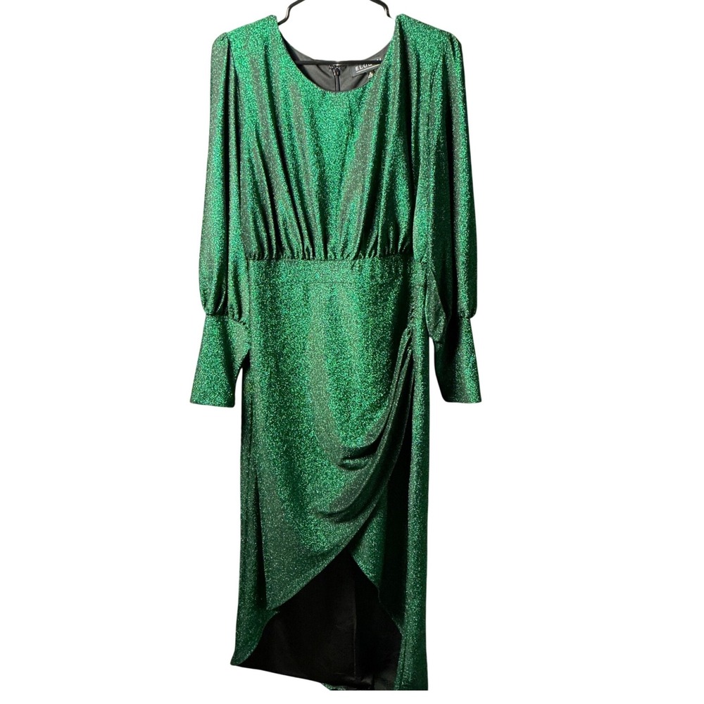 Eloquii Green Metallic Lurex Long Sleeve Wrap Tulip Hem Midi Dress Plus Size 18